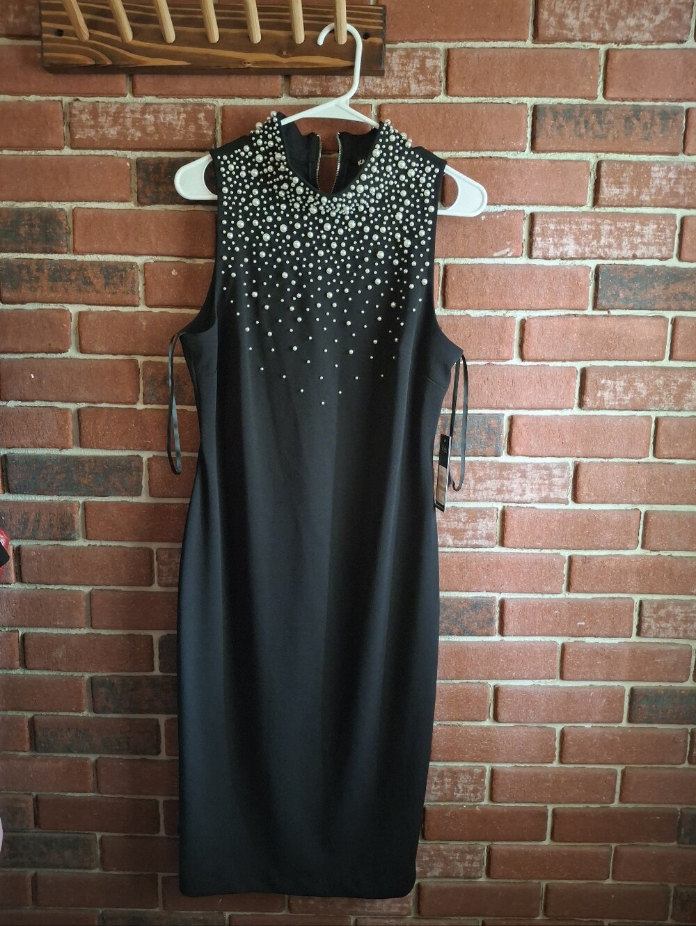 Karl Lagerfeld Black Pearl-Studded High Neck Midi Dress